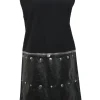 Black mixed-media viscose-blend sleeveless shift dress with studded faux leather skirt