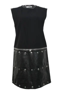 Black mixed-media viscose-blend sleeveless shift dress with studded faux leather skirt