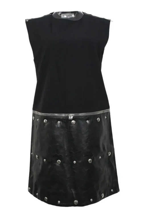 Black mixed-media viscose-blend sleeveless shift dress with studded faux leather skirt