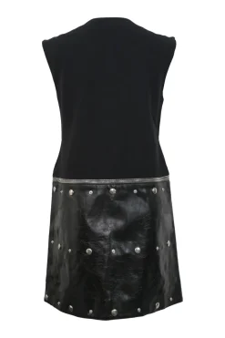 Black mixed-media viscose-blend sleeveless shift dress with studded faux leather skirt