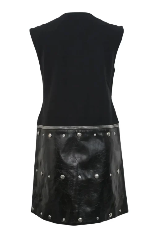 Black mixed-media viscose-blend sleeveless shift dress with studded faux leather skirt