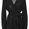 Black mohair-blend knit wrap style belted cardigan with shoulder pads