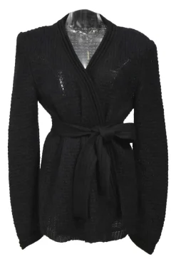 Black mohair-blend knit wrap style belted cardigan with shoulder pads