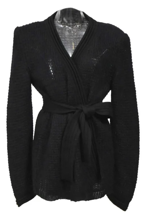 Black mohair-blend knit wrap style belted cardigan with shoulder pads