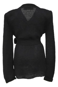 Black mohair-blend knit wrap style belted cardigan with shoulder pads