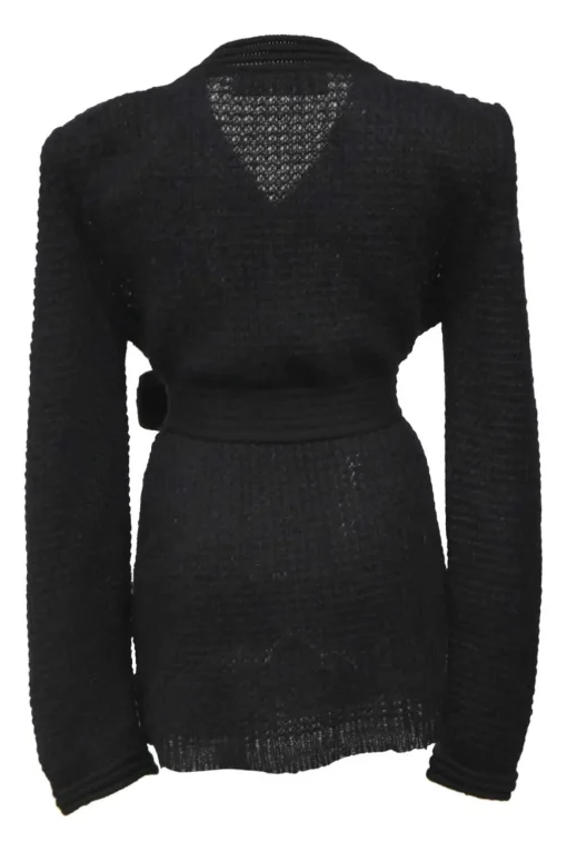 Black mohair-blend knit wrap style belted cardigan with shoulder pads
