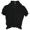Black mulberry silk puff sleeve peplum blouse with Mandarin collar and keyhole back