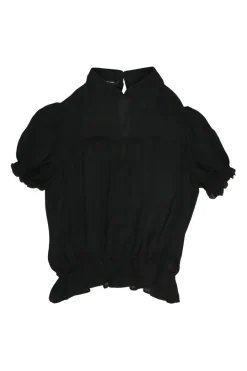 Black mulberry silk puff sleeve peplum blouse with Mandarin collar and keyhole back