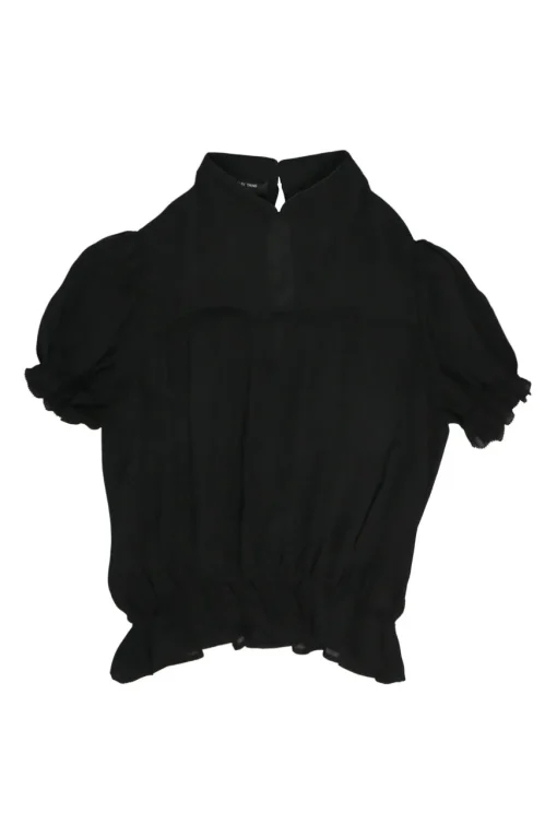 Black mulberry silk puff sleeve peplum blouse with Mandarin collar and keyhole back