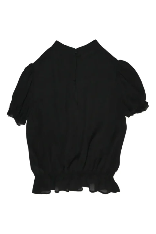 Black mulberry silk puff sleeve peplum blouse with Mandarin collar and keyhole back