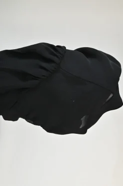 Black mulberry silk puff sleeve peplum blouse with Mandarin collar and keyhole back