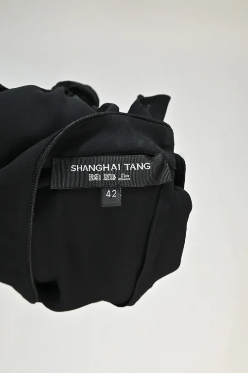 Black mulberry silk puff sleeve peplum blouse with Mandarin collar and keyhole back