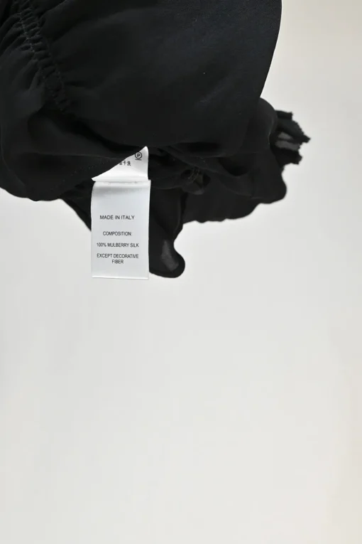 Black mulberry silk puff sleeve peplum blouse with Mandarin collar and keyhole back