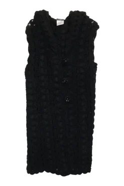 Black novelty wool-blend crochet knit shawl collar button-front shift dress with floral shank buttons