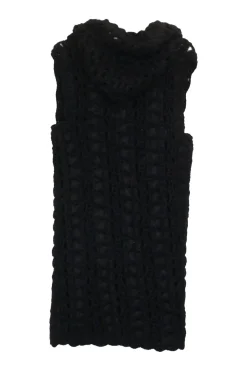 Black novelty wool-blend crochet knit shawl collar button-front shift dress with floral shank buttons