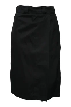 Black nylon gabardine wrap-style skirt with enameled silver-tone metal triangle logo motif