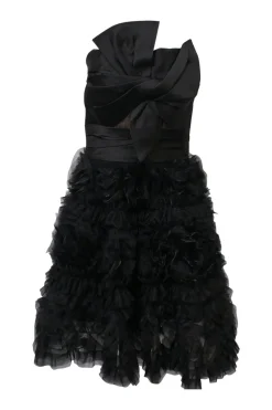 Black nylon mixed-media strapless cocktail dress with draped bow bodice and ra-ra style gathered tulle skirt