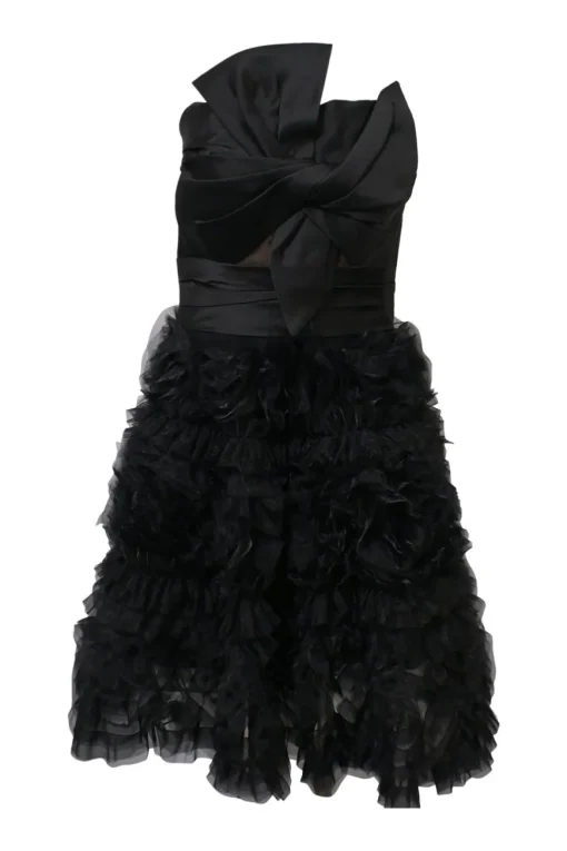 Black nylon mixed-media strapless cocktail dress with draped bow bodice and ra-ra style gathered tulle skirt