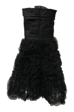 Black nylon mixed-media strapless cocktail dress with draped bow bodice and ra-ra style gathered tulle skirt