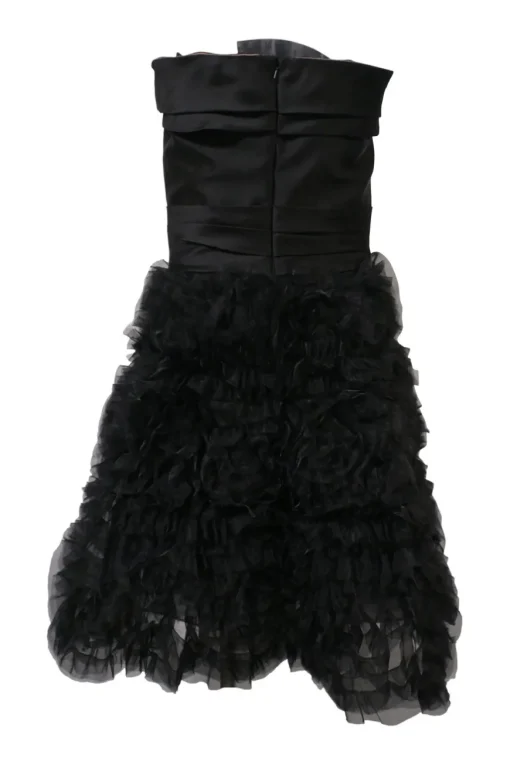 Black nylon mixed-media strapless cocktail dress with draped bow bodice and ra-ra style gathered tulle skirt