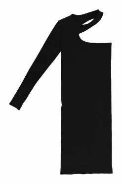 Black nylon-blend fully-fashioned jersey cutout one-shoulder seamless knit dress