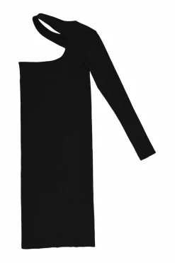 Black nylon-blend fully-fashioned jersey cutout one-shoulder seamless knit dress