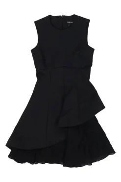 Black nylon-blend sleeveless skater dress with bi-layered asymmetric cascade ruffle gored skirt
