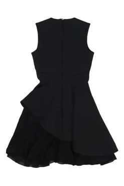 Black nylon-blend sleeveless skater dress with bi-layered asymmetric cascade ruffle gored skirt