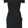 Black origami off-shoulder sheath dress with slanted hip pockets
