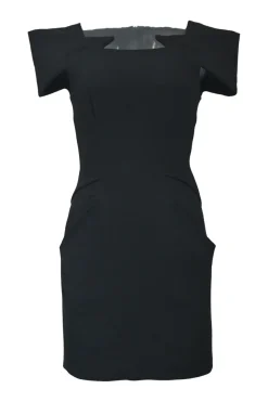 Black origami off-shoulder sheath dress with slanted hip pockets