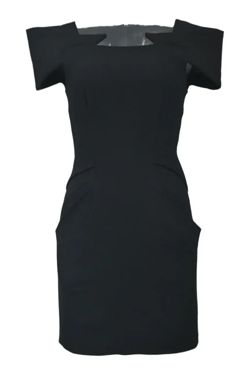Black origami off-shoulder sheath dress with slanted hip pockets