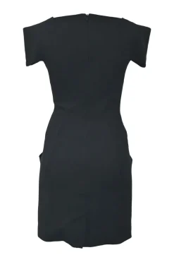 Black origami off-shoulder sheath dress with slanted hip pockets