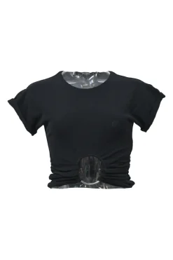 Black O-ring embellished cropped dolman sleeve T-shirt with gathered cutout front