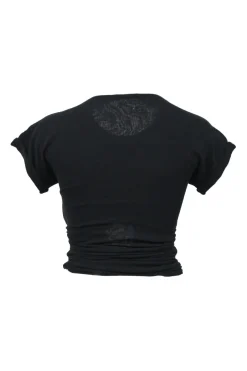 Black O-ring embellished cropped dolman sleeve T-shirt with gathered cutout front