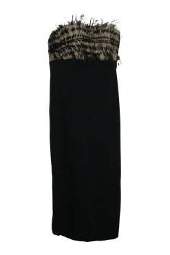 Black ostrich feather-trimmed viscose-blend slip-on strapless cocktail sheath dress with contrast bodice
