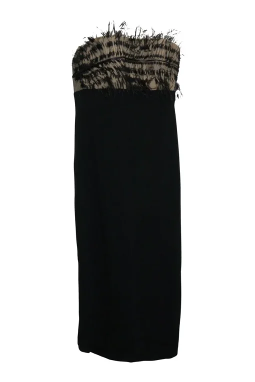 Black ostrich feather-trimmed viscose-blend slip-on strapless cocktail sheath dress with contrast bodice