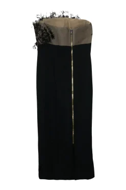 Black ostrich feather-trimmed viscose-blend slip-on strapless cocktail sheath dress with contrast bodice