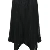 Black paneled bias-cut viscose-blend dot clip jacquard drop-waist midi plissé skirt with tonal floral lace inserts