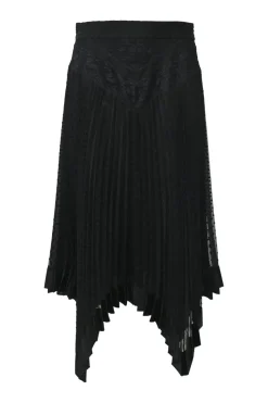 Black paneled bias-cut viscose-blend dot clip jacquard drop-waist midi plissé skirt with tonal floral lace inserts