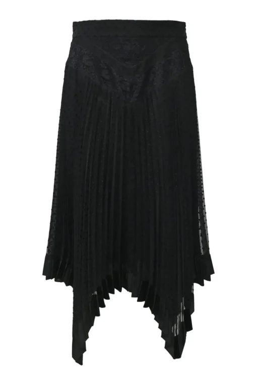 Black paneled bias-cut viscose-blend dot clip jacquard drop-waist midi plissé skirt with tonal floral lace inserts