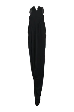 Black paneled bias-cut viscose-blend hooded column gown