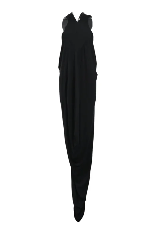 Black paneled bias-cut viscose-blend hooded column gown