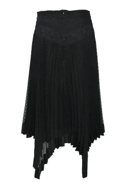 Black paneled bias-cut viscose-blend dot clip jacquard drop-waist midi plissé skirt with tonal floral lace inserts