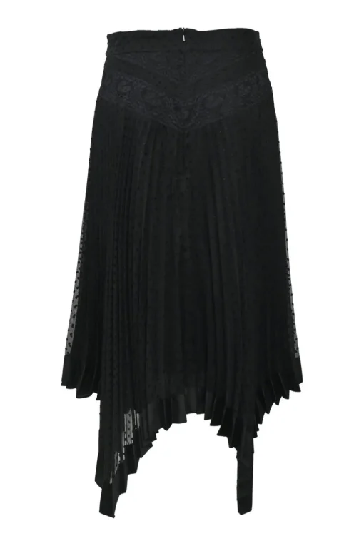 Black paneled bias-cut viscose-blend dot clip jacquard drop-waist midi plissé skirt with tonal floral lace inserts
