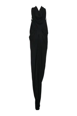 Black paneled bias-cut viscose-blend hooded column gown