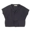 Black paneled cotton dolman sleeve spread notch collar blouse with concealed front fastening