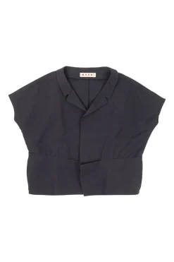 Black paneled cotton dolman sleeve spread notch collar blouse with concealed front fastening