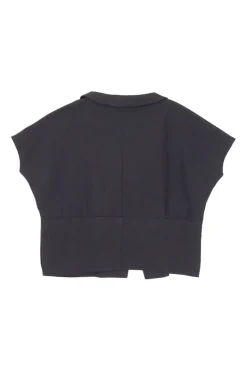 Black paneled cotton dolman sleeve spread notch collar blouse with concealed front fastening