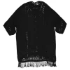 Black paneled eyelet viscose short sleeve shift dress with fringe-trimmed hem