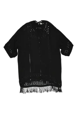 Black paneled eyelet viscose short sleeve shift dress with fringe-trimmed hem